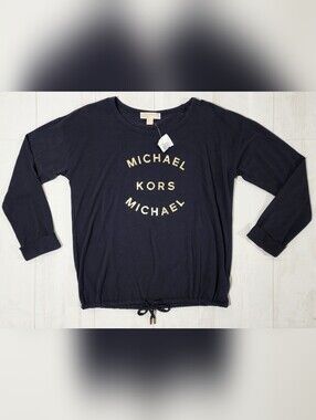MICHAEL Michael Kors Womens M Navy Gold Metallic Logo Pullover Long Sleeve Top